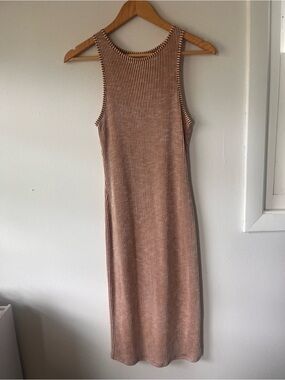 Caution To The Wind Ribbed Sleeveless Midi Dress in Taupe
